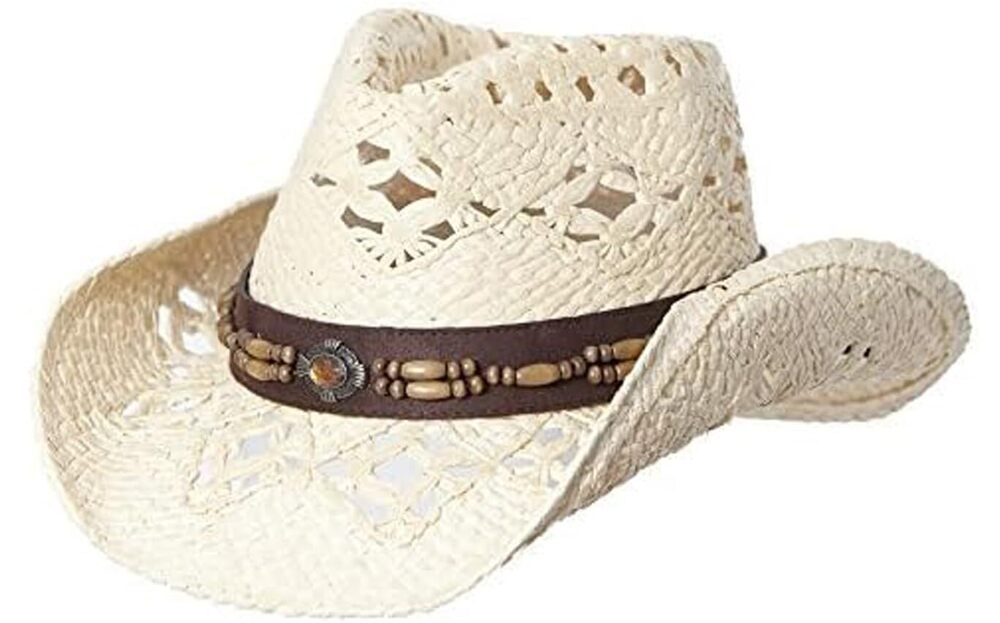 9790 Straw Cowboy Hat with Beaded Trim and Shapeable Brim, T20 Beige